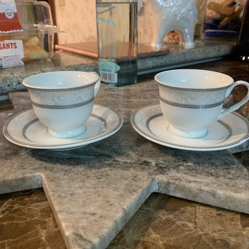 Espresso Set Elegant White and Gray 2 Demitasse Cup and Saucer